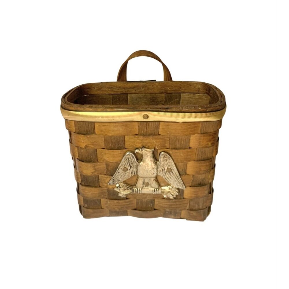 Woven Basket with Brass Eagle Mounted Mail Pocket Vintage Americana Decor